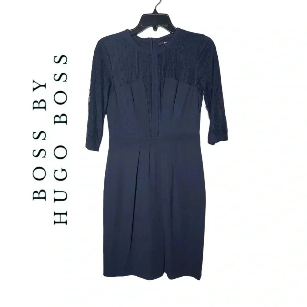 1788. BOSS BY HUGO BOSS KNEE LENGTH COCKTAIL/SEMI FORMAL DRESS NAVY BLUE COLOR